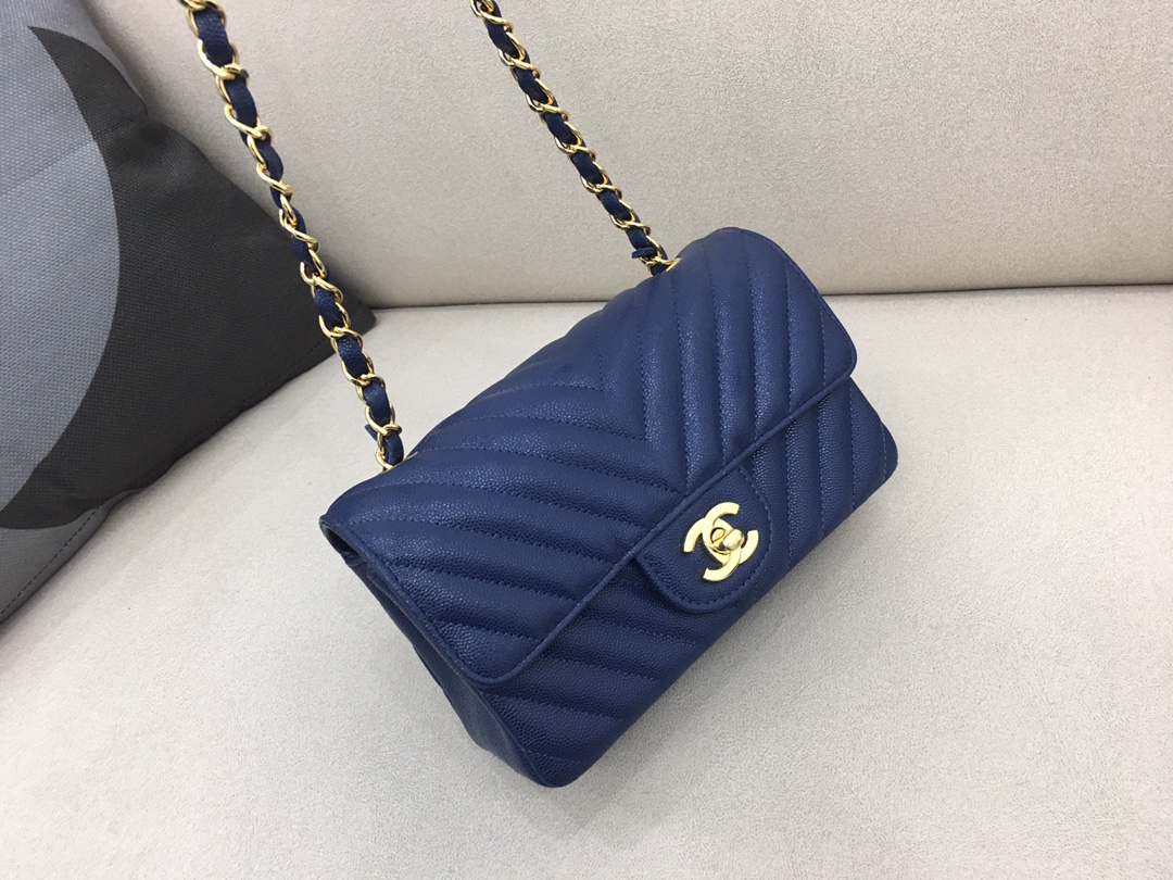 Small Classic Flap Caviar Bag A01116 Dark Blue/Gold